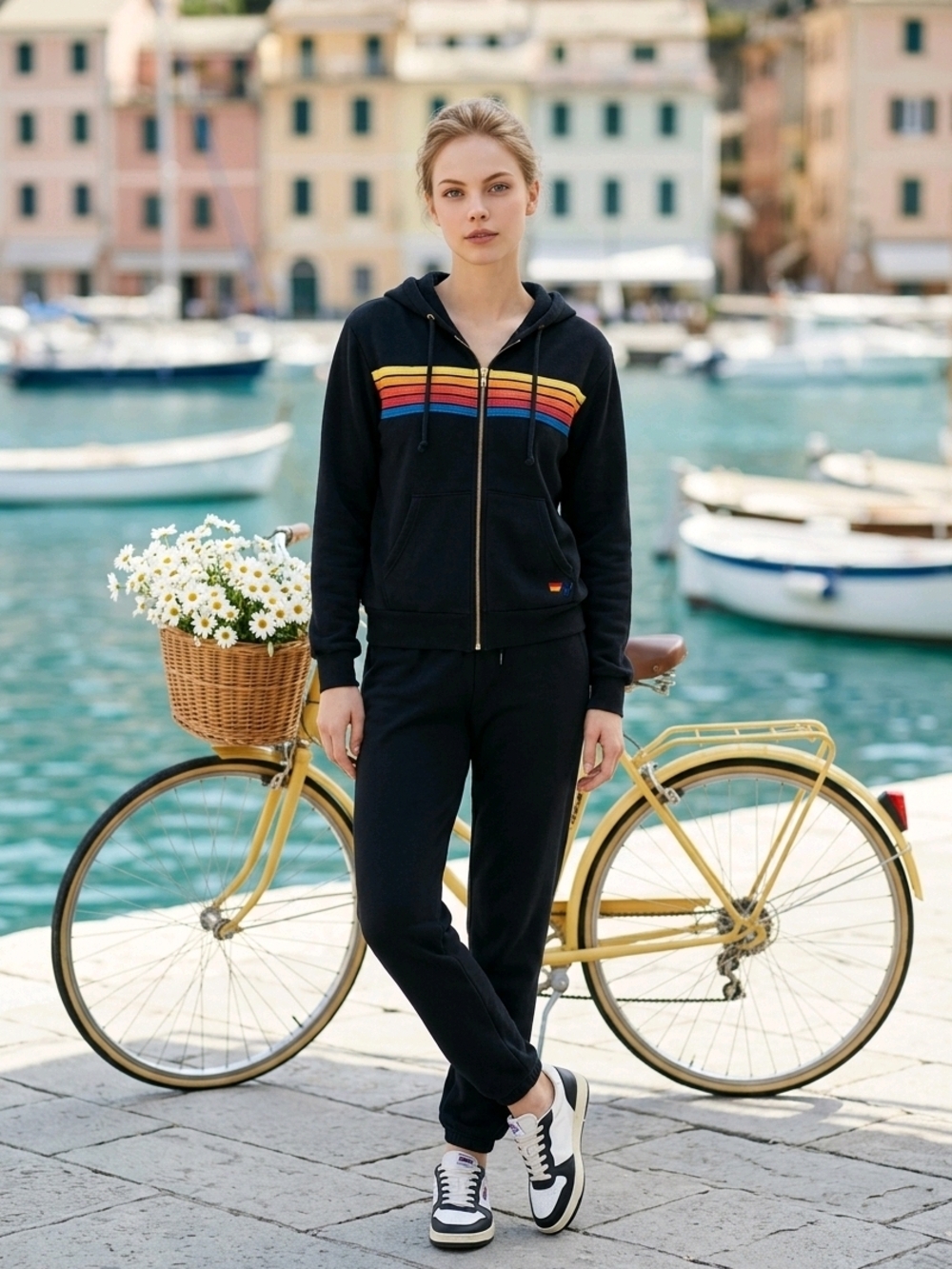 Aviator Nation Black Zip Hoodie Rainbow Chest Stripe